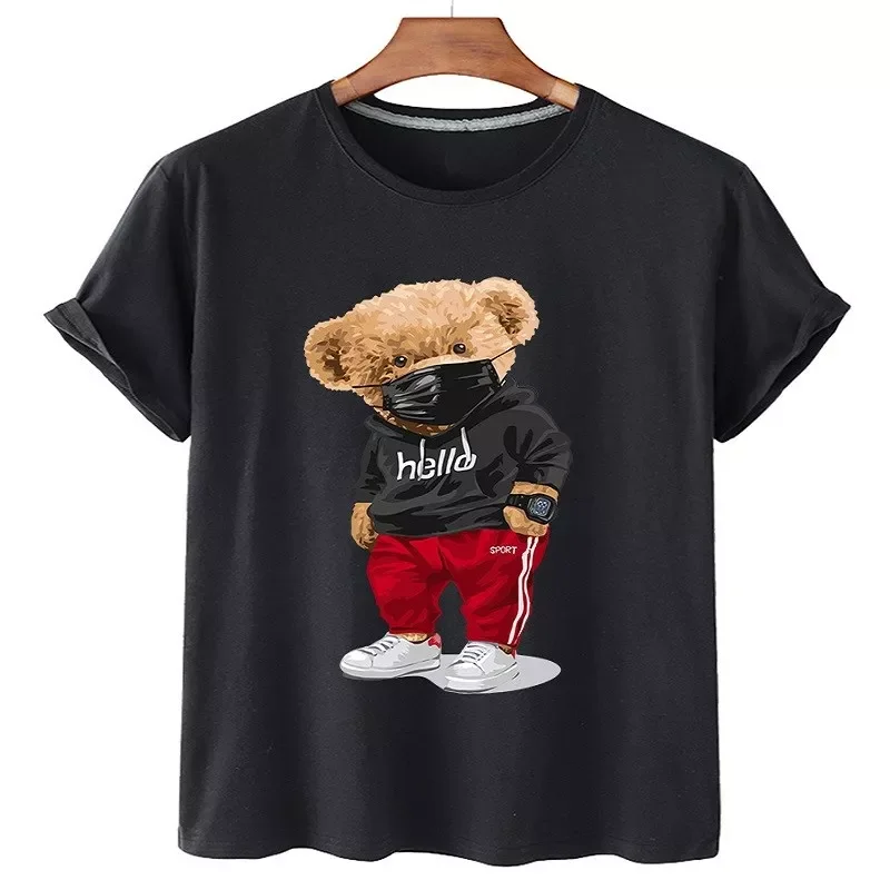 

100% Cotton Sports Mask Bear Print Short-sleeved T-shirt Female Half-sleeved Summer Casual Oversized T-shirt Ladies Shirt S-4XL
