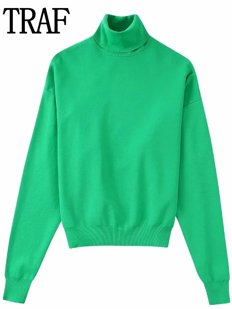 

TRAF Green Knitted Sweater Women Turtleneck Black Oversized Sweater Woman Winter 2022 Autumn Long Sleeve Knit Top Female