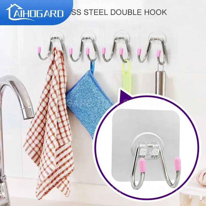 

Stainless Steel Wall Hook Heavy Duty Hooks Double Hook Self-adhesive Kitchen Storage Hooks Viscose Hooks Bathroom Towel Hook