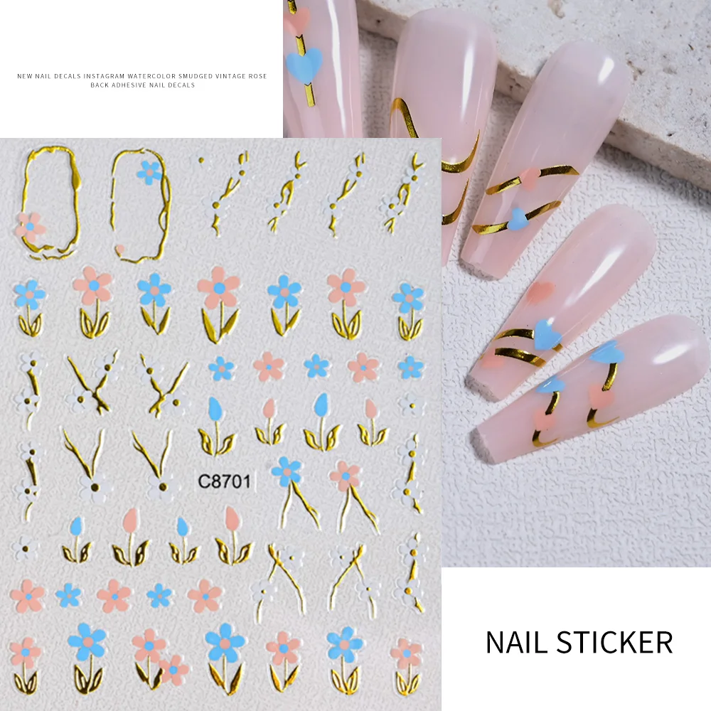 3D милые розовые синие мини-наклейки для ногтей с цветком 1/4 шт. золотая линия