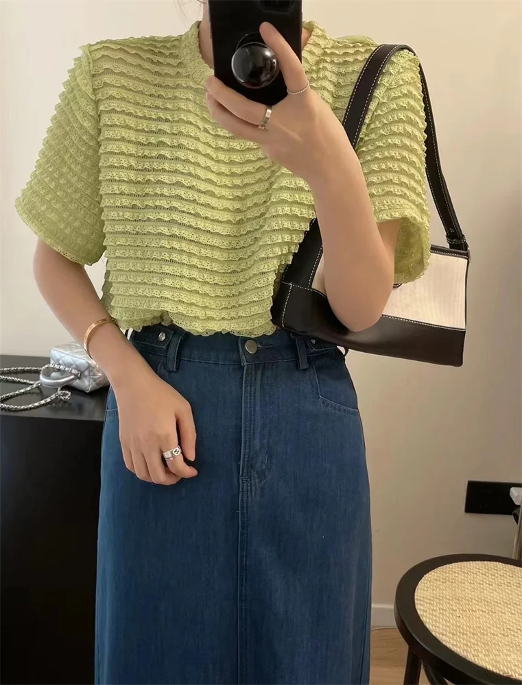 

Женские винтажные Топы с коротким рукавом, однотонные пуловеры в Корейском стиле, повседневные Элегантные шикарные блузки, лето 2022