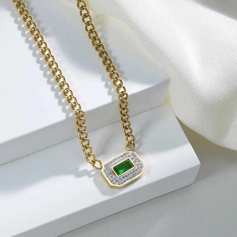 

Gold Stainless Steel Green Zircon Necklace Delicate Collar Necklace Fashion Choker Pendants For Women Jewelry Dropshipping