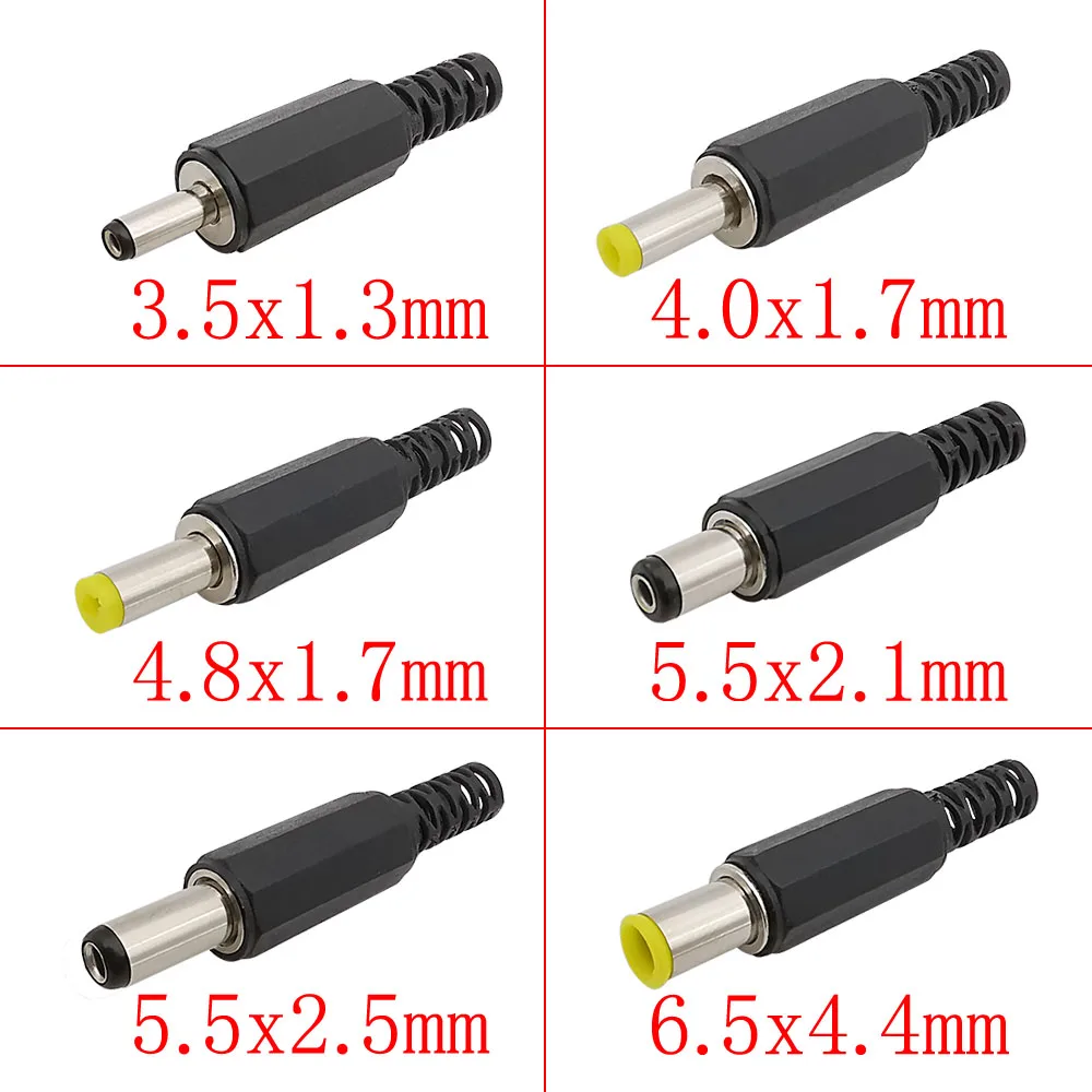 10Pcs DC Power Male Plug Adapter 3.5x1.3mm 4.0x1.7mm 4.8x1.7mm 5.5x2.1mm 5.5x2.5mm 6.5x4.4mm Plugs Jack Soldering Wire Connector