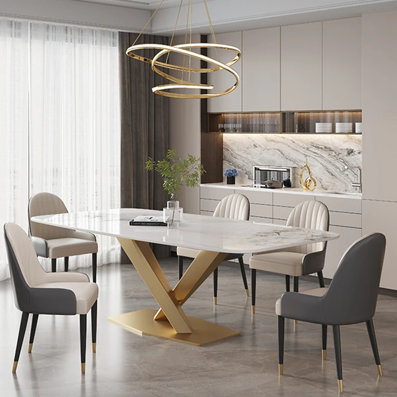 

Luxurious Kitchen Table In Rectangle Marble Desk Top Stainless Steel Golden Finish 6 People Luxury Dining Table And Chair Set