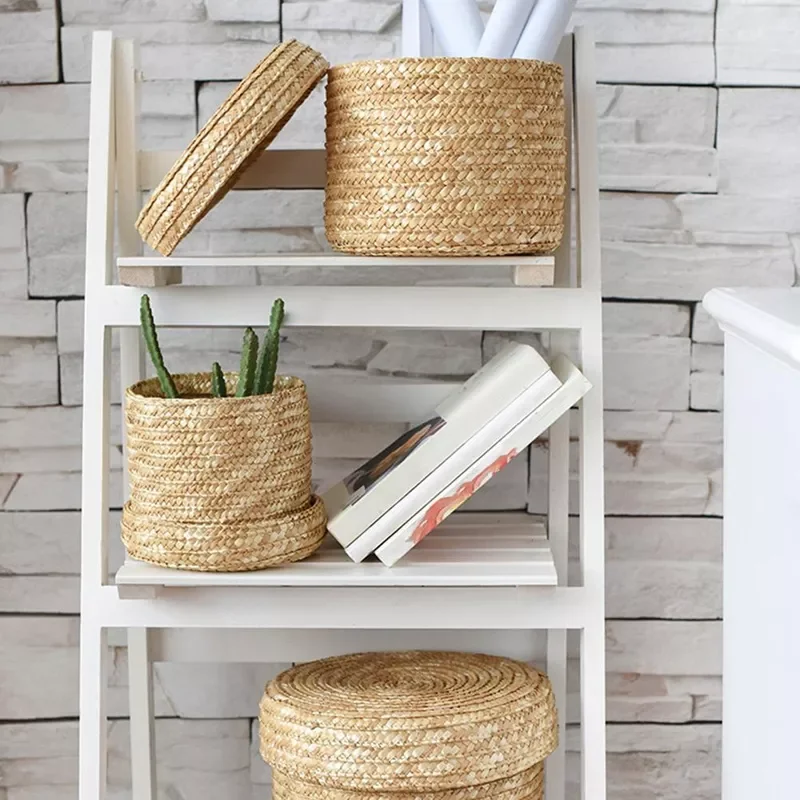 

NEW 3 Pcs/Set Handmade Straw Woven Storage Basket With Lid Snack Organizer Storage Box Laundry Baskets Rattan Storage Baske