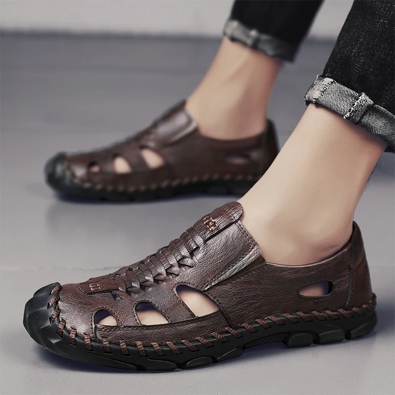 

Summer Men Sandals Genuine Leather Men Casual Shoes Classic Lightweight Outdoor Fashion Beach Sandals Soft Bottom men's shoes