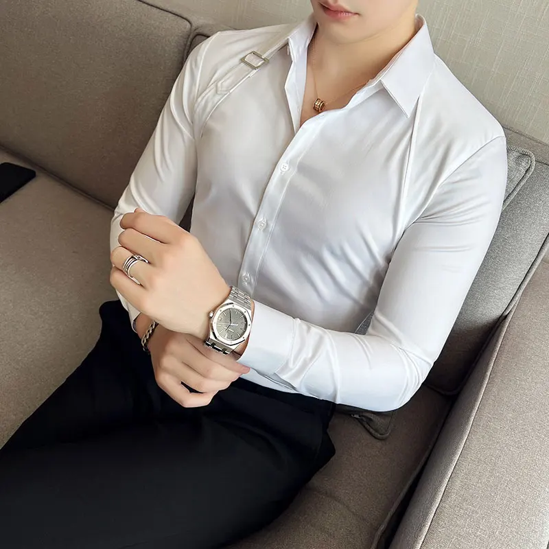 Strap Decoration Men's Shirts 2022 Autumn Long Sleeve Slim Casual Shirt Business Social Dress Shirts Streetwear Chemise Homme