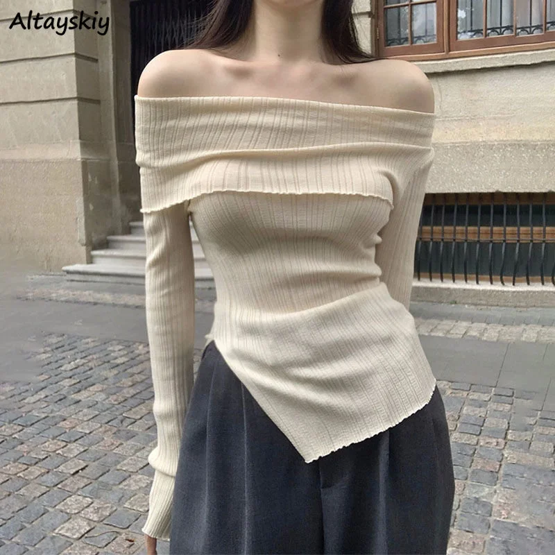 

Pure Slash Neck Sexy Sweater Pullovers Women Autumn Irregular Casual Popular Temper Slim Cropped Comfort Knitwear Ulzzang Chic