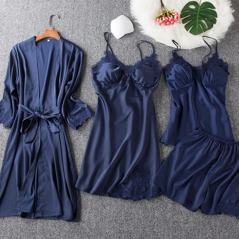 Sexy Women's Pajamas In Spring,Autunm and Summer,2023 New Ice Silk Thin Four-piece Set,Robe Suspender Sheepshirt With Bra Short