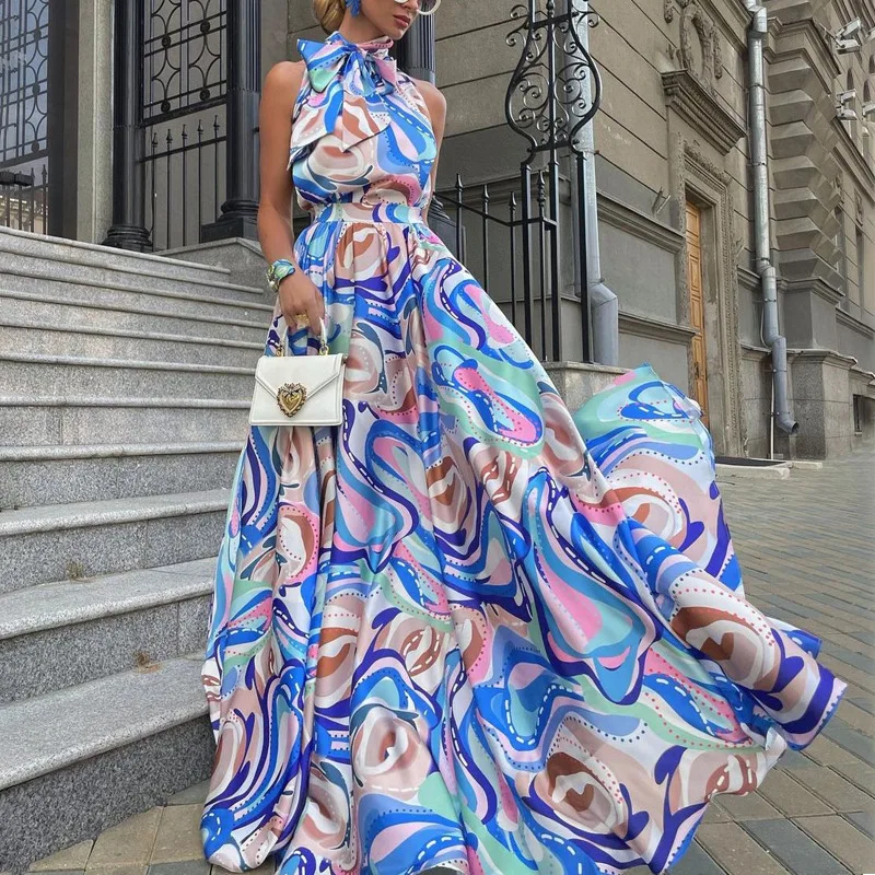 

2022 Backless Dress Strap Halter Bow Neck Women Long Maxi Dress New Sexy Printed High Waist Summer Spring Party Evening