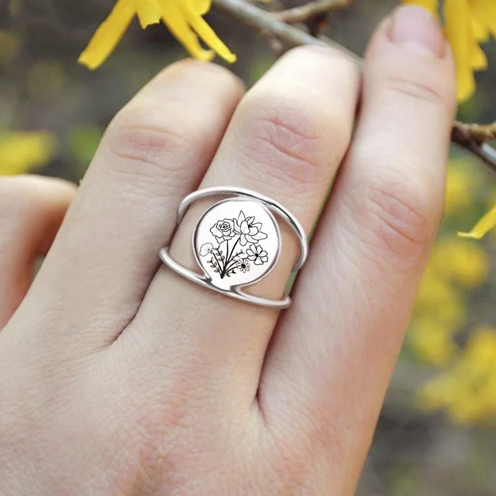 

JewelryR Custom Birthflower Rings Personality Stainless Steel Oval Carved Finger Rings For Women Birthday Gifts 2022 Wholesale