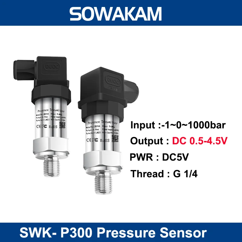 

SWK Water Oil Fuel Gas Air 0.5-4.5V Output DC5V power Pressure Transducer G1/4 200bar 600bar 1000bar Pressure Sensor Transmitter