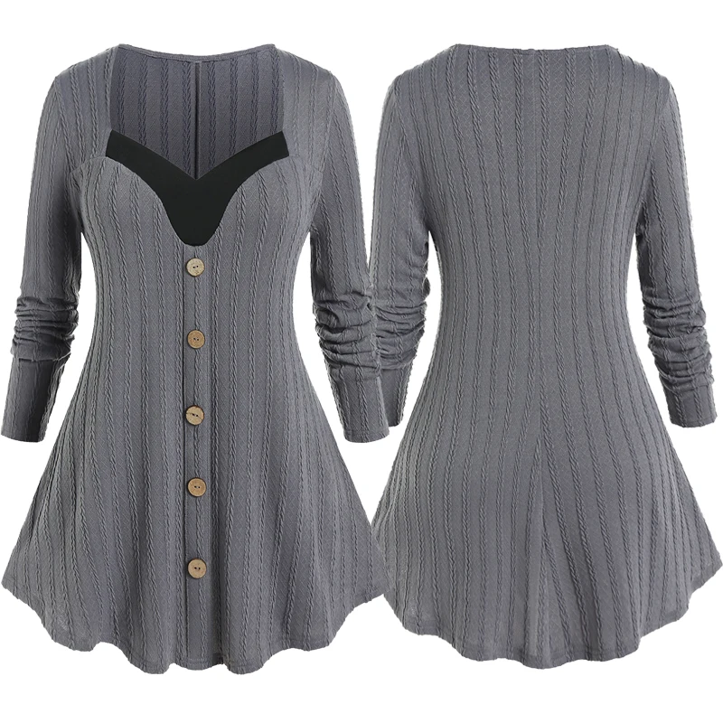 

2022 Spring,Autumn Women Casual T Shirt Sweetheart Neck Contrast Color Mock Tees 4XL Female Basic Long Sleeve Top Clothes
