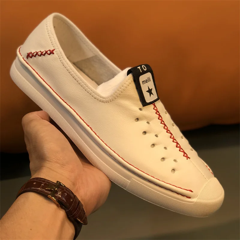 

Luxury brand genuine Straight breathable leather small white shoes in summer, men's riffles, perforated shoes, fashion