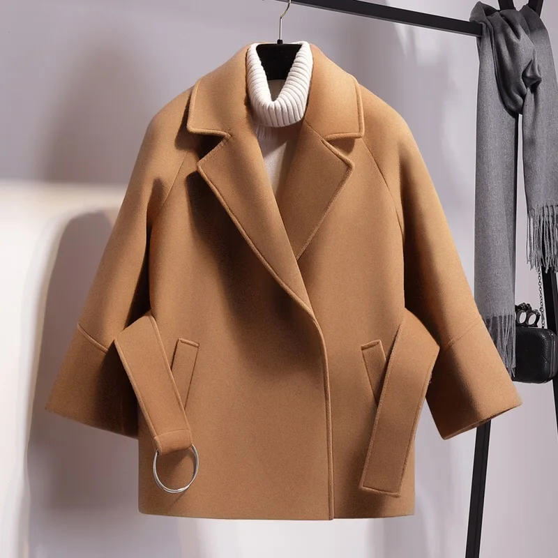 

Fitaylor Women Loose Short Woolen Coat Spring Winter Female Cloak With Belt Woolen Jackets Elegant Black Camel Trench Outwear