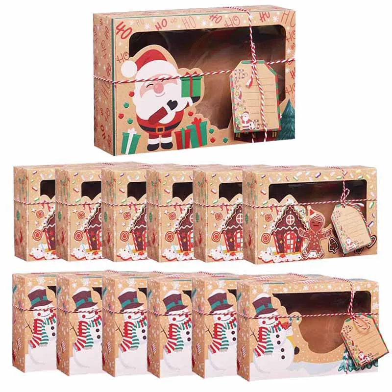 

3/6/9/12 Pieces Kraft Paper Candy Box Merry Christmas Cookies Gift Box PVC Clear Window Packaging Bag Party New Year Decoration