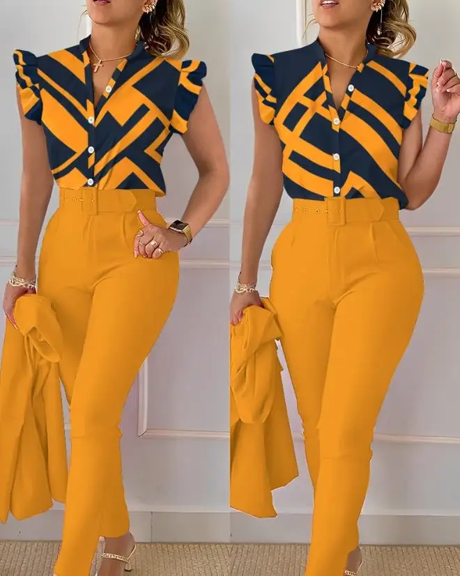 Женский Брючный комплект элегантный офисный костюм с геометрическим принтом топ