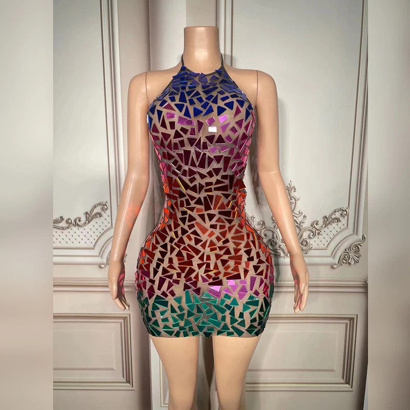 

Блестящие блестящие линзы с лямкой на шее для вечевечерние, костюм для бара с зеркалом, костюм на день рождения, одежда для певицы, сценическ...