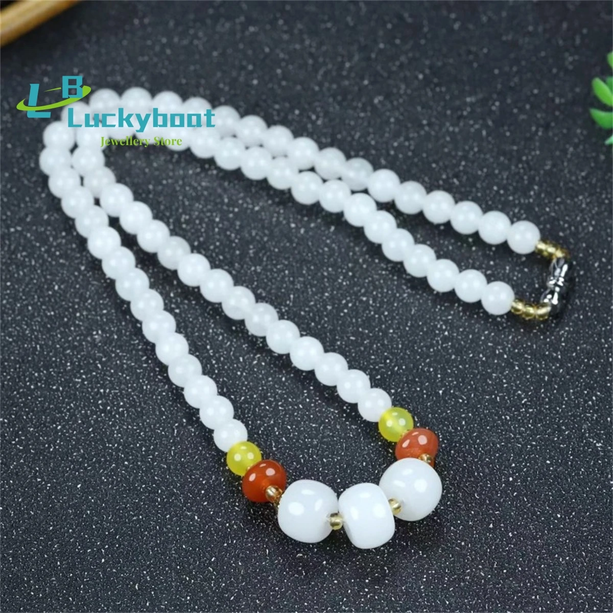 

Natural Xinjiang White Jade Gold Silk Three Lives and Three Lives Necklace Women's Jade Sheep Fat Round Beaded Collar Chain