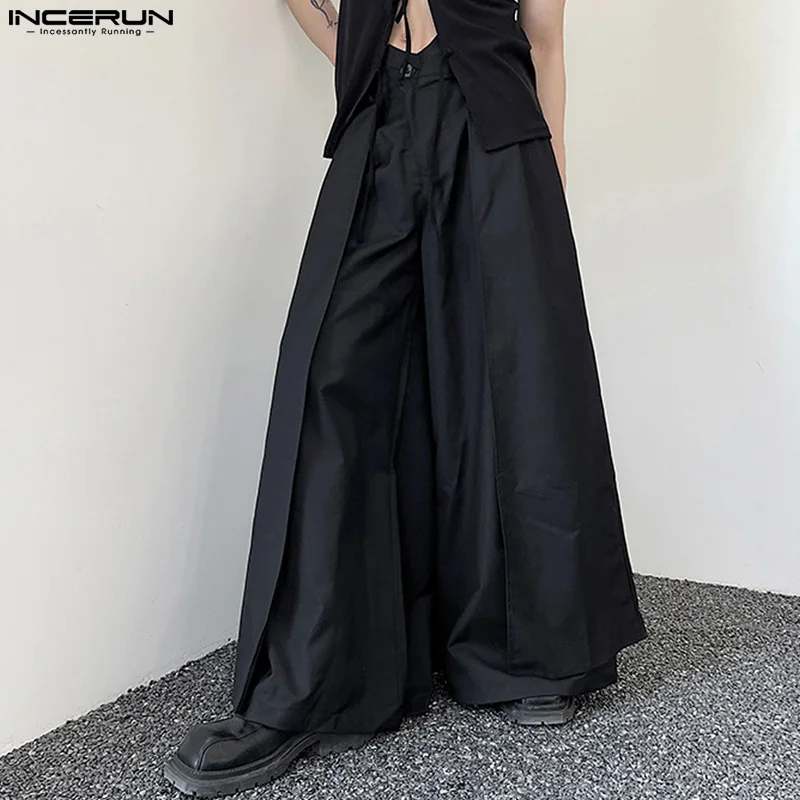 

INCERUN Men Wide Leg Pants Solid Color Button Streetwear 2023 Oversize Korean Style Trousers Men Loose Joggers Casual Long Pants