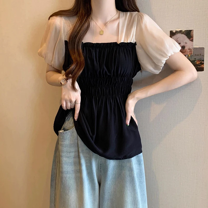 Женская шифоновая футболка в горошек Повседневная Свободная с