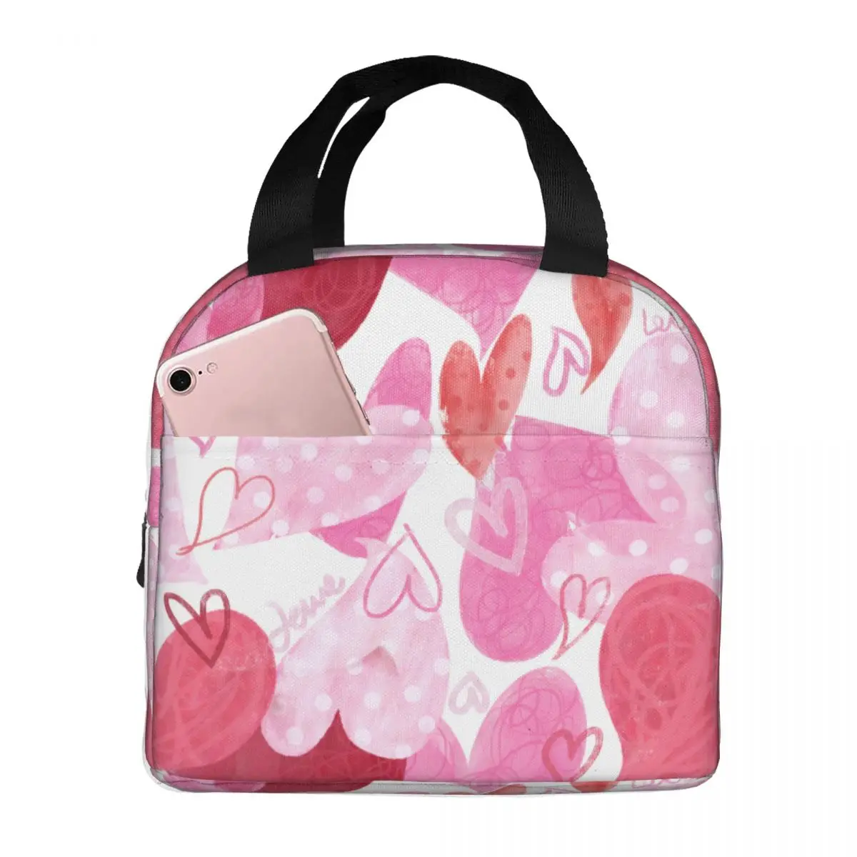 Watercolor Love Hearts Lunch Bag Portable Insulated Canvas Cooler Bags Thermal Cold Food Picnic Travel Lunch Box for Women