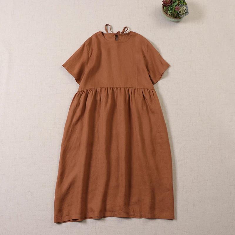 

Льняное платье в японском стиле Mori Girl с коротким рукавом, свободное повседневное однотонное платье средней длины, женское летнее платье