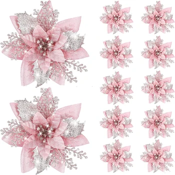 5 개 14.5cm 반짝이 인조 크리스마스 꽃 메리 크리스마스 트리 장식, 새해 복 많이 받으세요