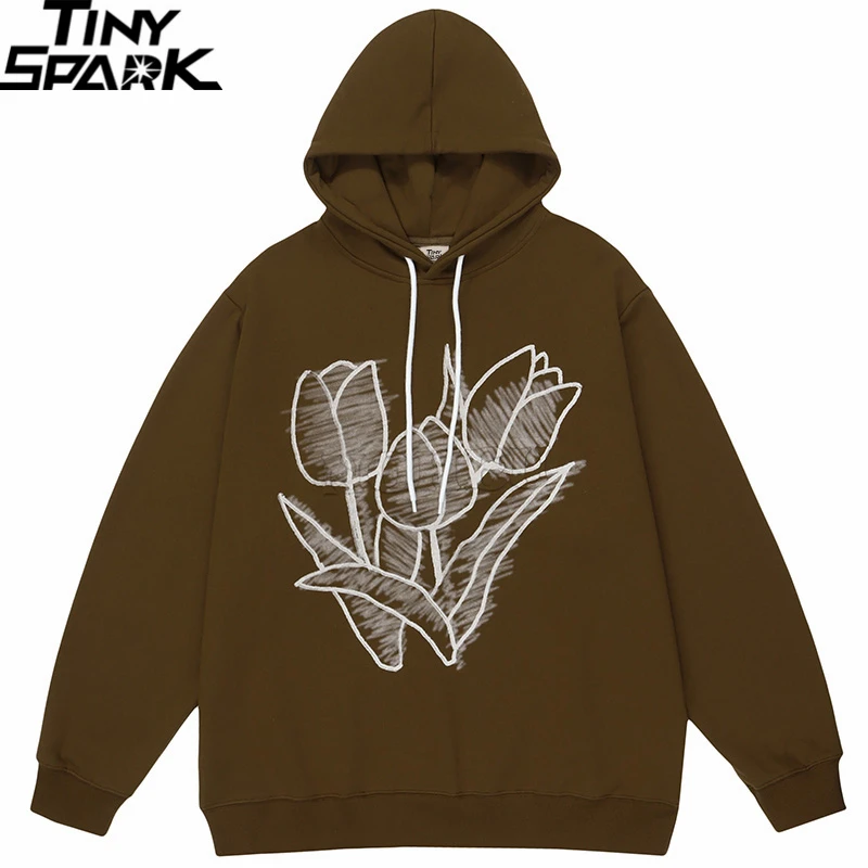

2022 Streetwear Harajuku Floral Hoodie Sweatshirt Tulip Painting Graphic Hoodie Cotton Men Hooded Pullover Hip Hop Sweat Shirt