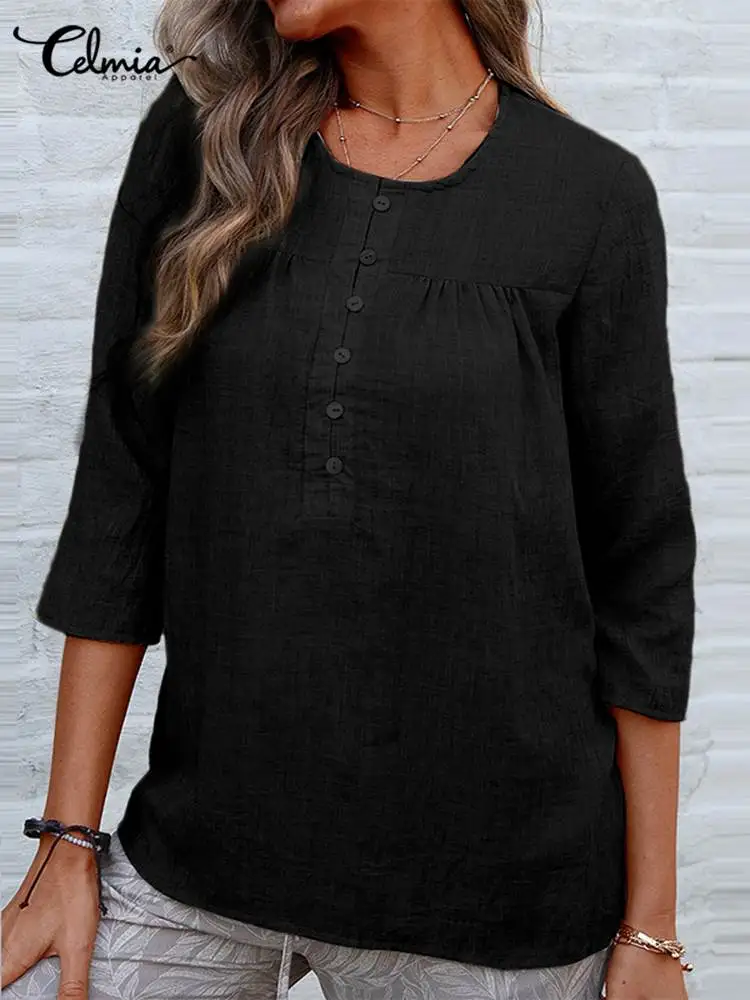 

Celmia 2022 Summer Women Tops Leisure Buttons Shirring Pleats Comfortable Basic Blouses O-neck Casual 3/4 Sleeve Fashion Tunic