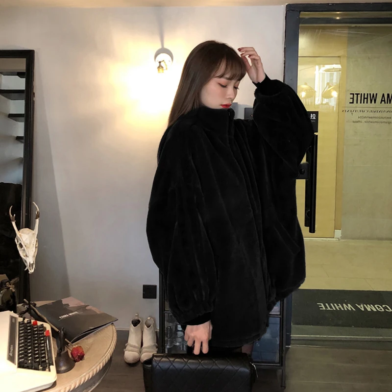 Winter Black Faux Fur Jacket Women's Long-sleeved Stand-up Collar Plus Velvet Thickening Fashion New Style 2021 Women's Clothing