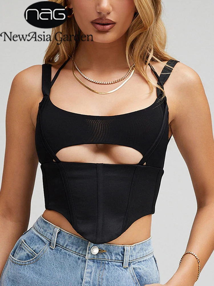 

NewAsia Corset Halter Top Mesh Patchwork Tie up Double Layer Cut out Backless Lining Satin Crop Bustier Sexy Women y2k Tank Top