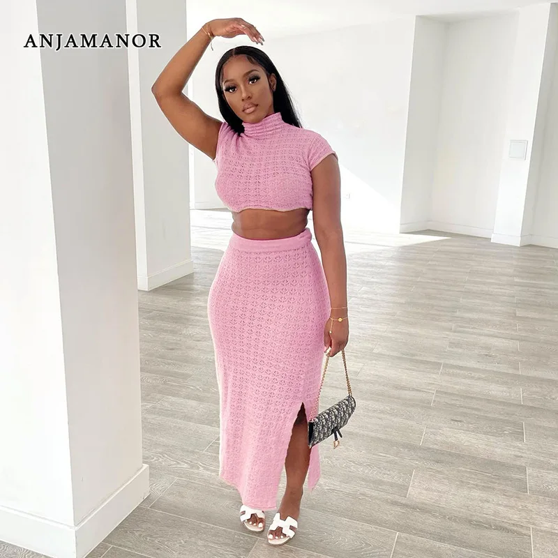 

ANJAMANOR Sexy Pink 2 Piece Women Outfits Fall 2022 Turtleneck Short Sleeve Crop Top and Split Long Skirt Matching Sets D85-CF23