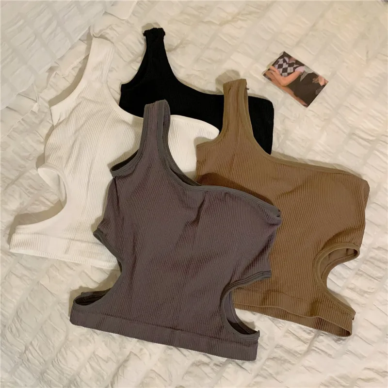 

One Shoulder Padded Camisoles for Women Solid Color Base Shirt Sleeveless Tank Top Hollow out Pullover Crop Top