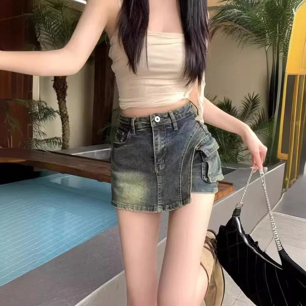 Винтажная джинсовая юбка с высокой талией и карманами лето 2023 новый стиль