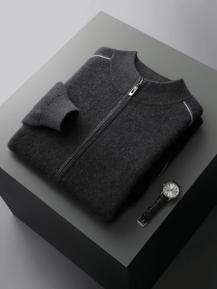 Мужской 100% кашемировый свитер на молнии кардиган с воротником-стойкой и длинным