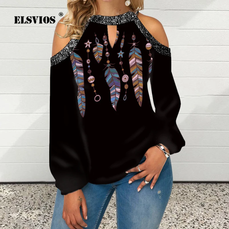 

Женская Повседневная футболка с открытыми плечами и длинным рукавом, осенняя новая свободная блузка с принтом, женский модный пуловер с выр...