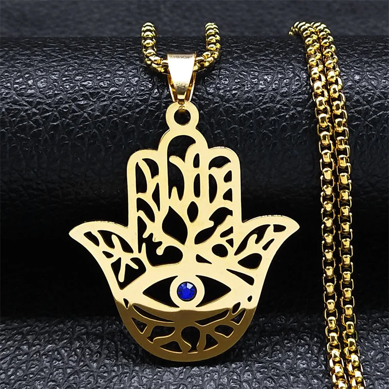

Hollow Fatima Hamsa Hand Pendants Necklace Stainless Steel Gold Color Luck Hand Palm Blue Turkey Eye Necklacse Jewelry collares