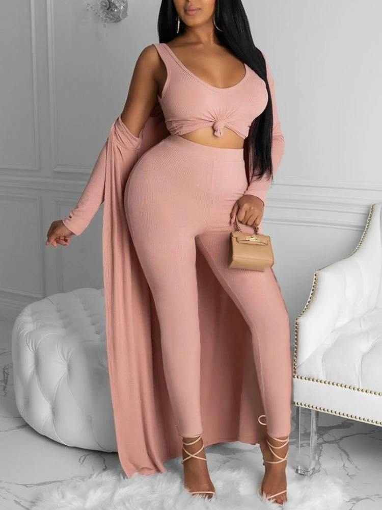 

Женский комплект из трех предметов, укороченный топ, вязаный жилет, длинная верхняя одежда, брюки с высокой талией, женский костюм в африкан...