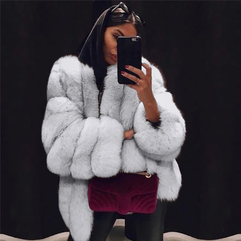 2022 New Casual Fashion Faux Fur Solid Color Round Neck Faux Fur Long Sleeve Plush Temperament Ladies Jacket