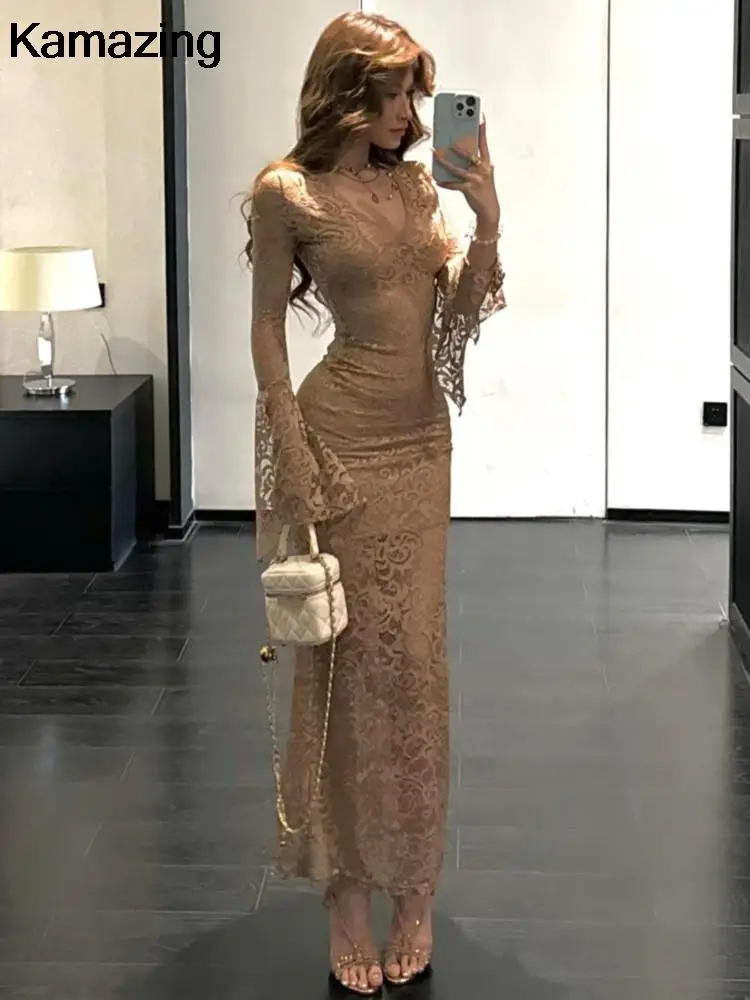 Соблазнительные облегающие кружевные Длинные платья для женщин с V-образным