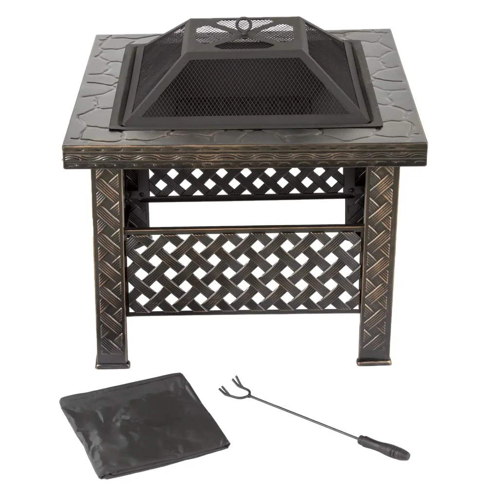 

Fire Pit Set Wood Burning Pit Includes Screen Cover and Log Poker Great for Outdoor 26 Inch Woven Metal Square Firepit
