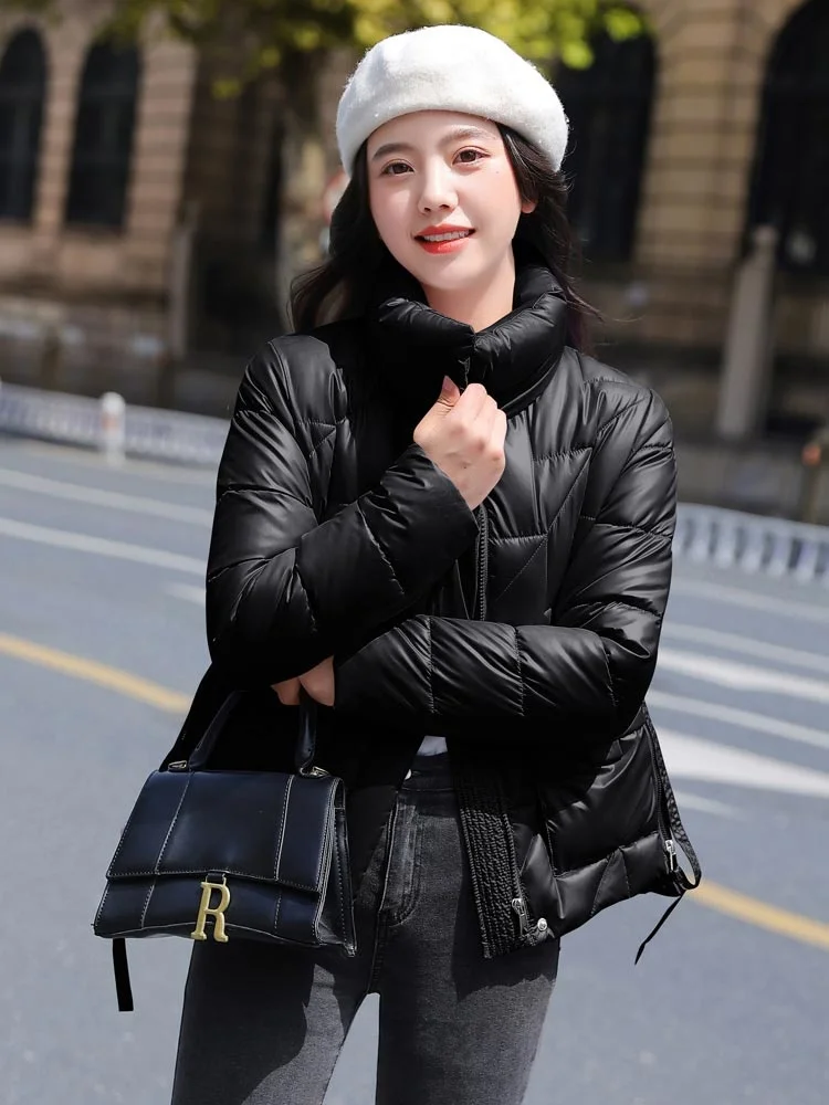 2022 New Korean Style Women Winter Jacket Stand Collar Cotton Padded Warm Thick Shiny Short Ladies Coat Winter Parkas