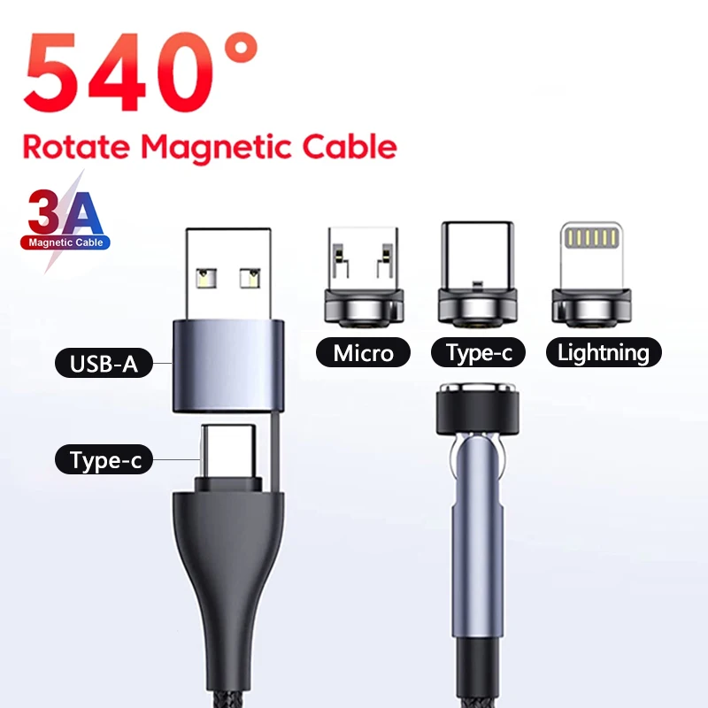 

540° Magnetic Fast Charging 3A Cable USB A Typc c to Type C Lightning micro Cable Fast Charging For Xiaomi iphone Samsung