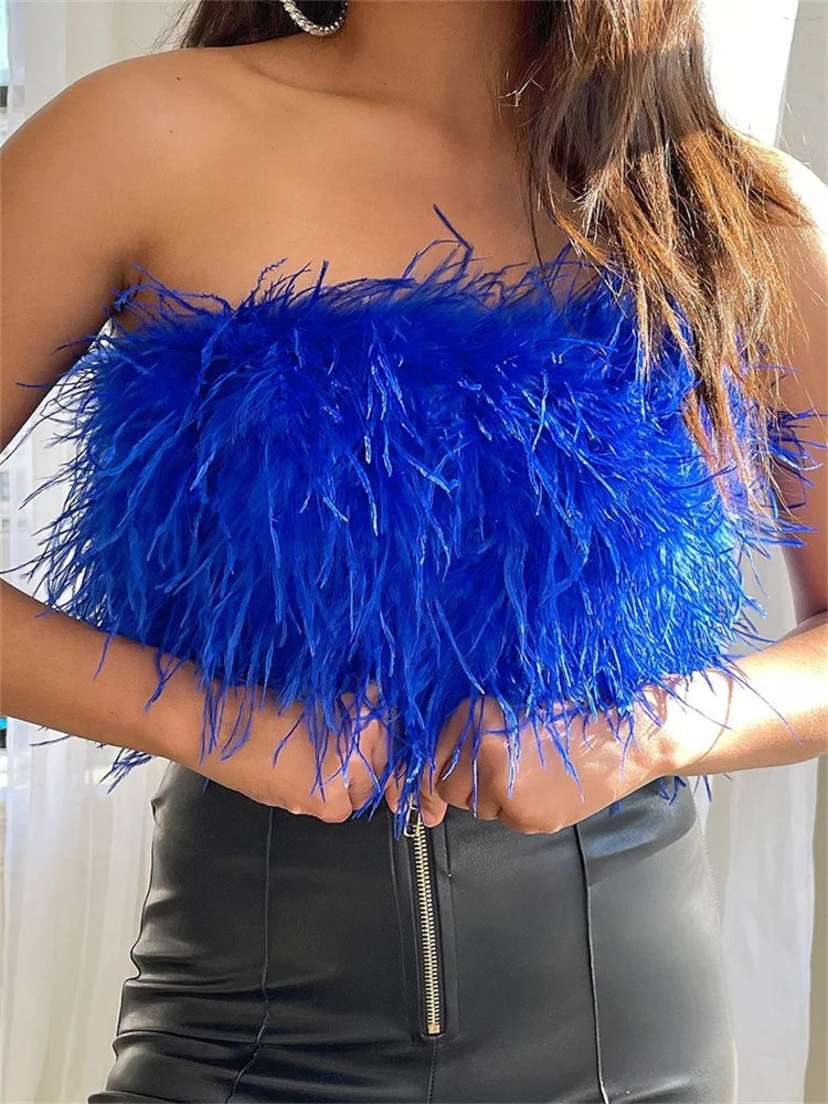 

CHRONSTYLE Women Fur Feather Patchwork Tube Tops Chic Fashion Summer Sleeveless Off Shoulder Tank Party Club Bandeau Mni Vest