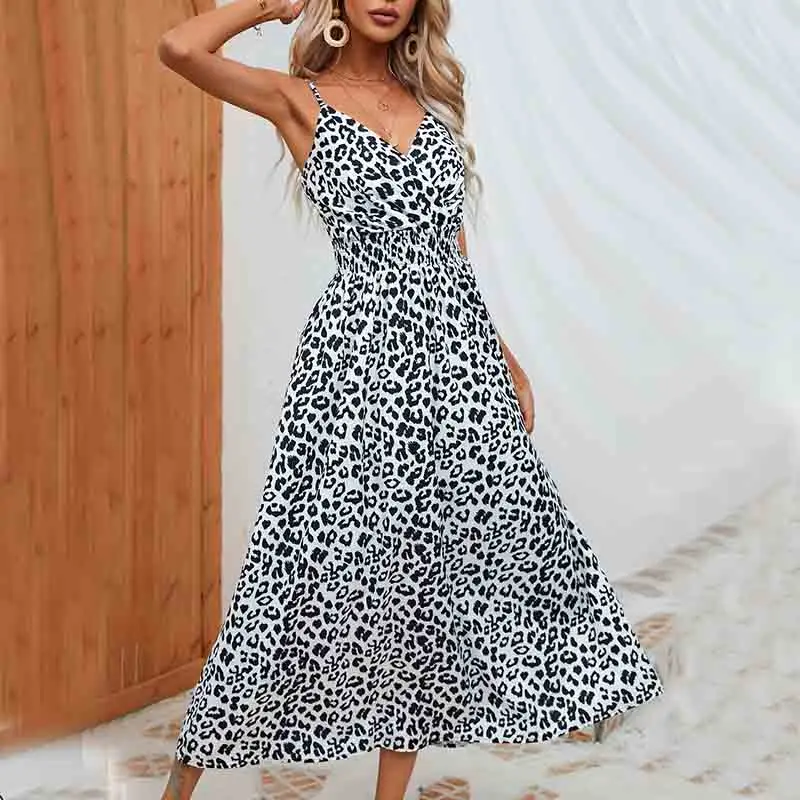 

Leopar Print Summer Slip Dress Women's 2023 Casual Retro V-neck High Waist Tunics Bohemian Style A-line Long Beach Dresses White