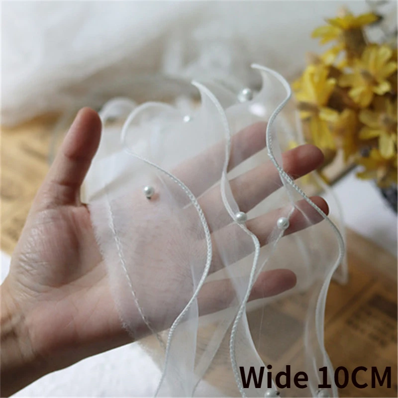 

10CM Wide White Tulle Organza Beaded Fringe Ribbon 3d Lace Fabric Ruffle Trim Dress Collar Neckline DIY Sewing Guipure Decor