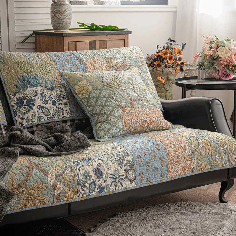 

Monolithic Cotton 2-3 Seater Sofa Covers American Flower Stitching Non-Slip Home Decoration Protect The Sofa Cover for Couch New