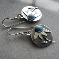 vintage oval blue stone bohemian earrings silver color metal round carving leaf flower hook earrings for women jewelry