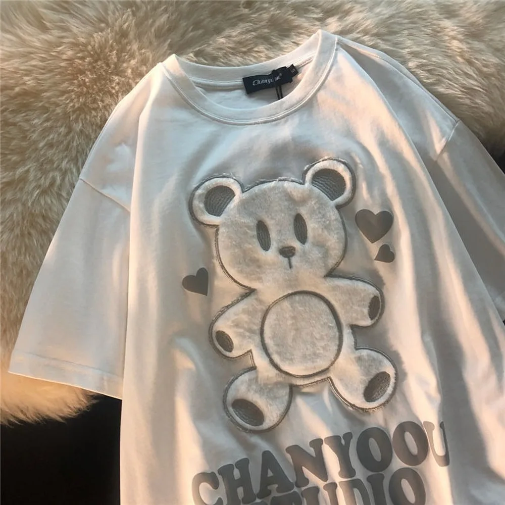

Cotton Japanese Love Bear Couple Short Sleeve T-shirt Top 2021 Early Spring Oversize Loose Shirts for Women
